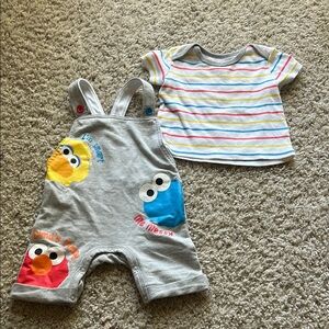 Sesame Street 6-9m set Gray Overalls and Striped Shirt Set